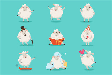 Cute little sheep cartoon characters set for label design. Colorful detailed vector Illustrations isolated on white background