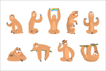 Sloth Animal Cute Cartoon Character Different Life Situations And Emotions Series Of Flat Cartoon Stickers