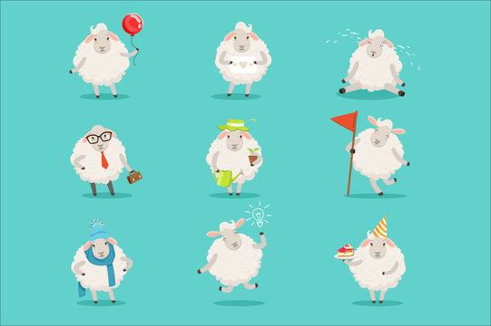 Funny cute little sheep cartoon characters set for label design. Colorful detailed vector Illustrations isolated on white background