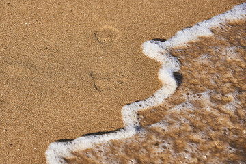 Footprint on the sandy seashore, a wave rolls on it.