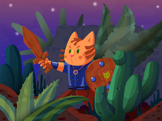 Brave red cat warrior with a wooden sword and a shield goes through the jungle at night. Children's vector illustration