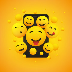 Fototapeta premium Various Smiling Happy Yellow Emoticons in Front of a Smartphone Screen, Vector Concept Illustration