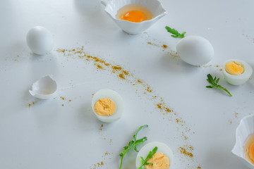 Eggs background. Healthy eating concept, energy ingredients.