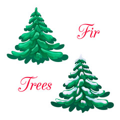 illustration of big green fluffy fir and snow fir tree collection isolated on white backdrop. Christmas tree in snow, holiday winter symbol. fir trees set. Green fluffy pine in cartoon style.