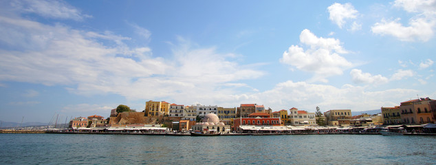 Fototapeta premium Crete, October 01 2018 Panoramic view of the historic city center from the inland sea at the port
