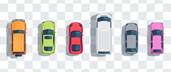 Fotobehang Auto& 39 s van bovenaf ingesteld, bovenaanzicht geïsoleerd. Leuke mooie cartoon vervoer met schaduwen. Modern stedelijk civiel voertuig. Uitzicht vanuit het oog van de vogel. Realistisch auto-ontwerp. Vlakke stijl vectorillustratie. © Ihor