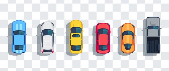 Wall murals Boys room Cars set from above, top view isolated. Cute beautiful cartoon transport with shadows. Modern urban civilian vehicle. View from the bird's eye. Realistic car design. Flat style vector illustration.