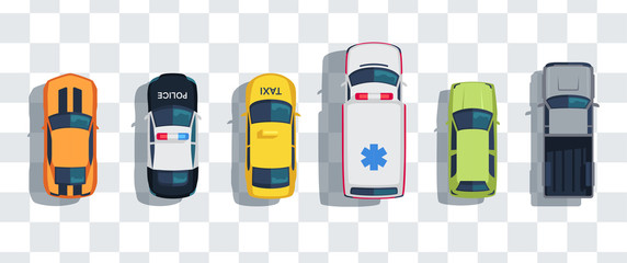 Cars set from above, top view isolated. Cute beautiful cartoon transport with shadows. Modern urban civilian vehicle. View from the bird's eye. Realistic car design. Flat style vector illustration.