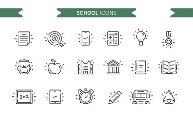 School icons set isolated. Line art. Editable. Signs and symbols. Modern simple style. Phone, tablet, books, apple, target, building, pencil, clock, bell, bus. Flat style vector illustration.