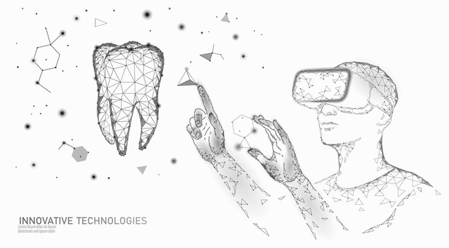 3d Tooth Innovation Virtual Reality Polygonal Concept. Stomatology Symbol Low Poly Triangle. Abstract Oral Dental Medical Care Business. Connected Dot Particle Modern Vector Illustration