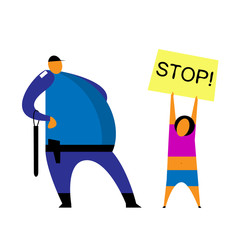 Single meeting, protest, demand, poster. Police are watching the protesters. Stylized illustration. Vector
