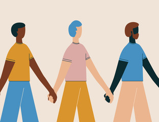 Men holding hands. People standing in row together. Concept of happiness, friendship, diversity, community, strength. Flat isolated male characters. Colored vector illustration