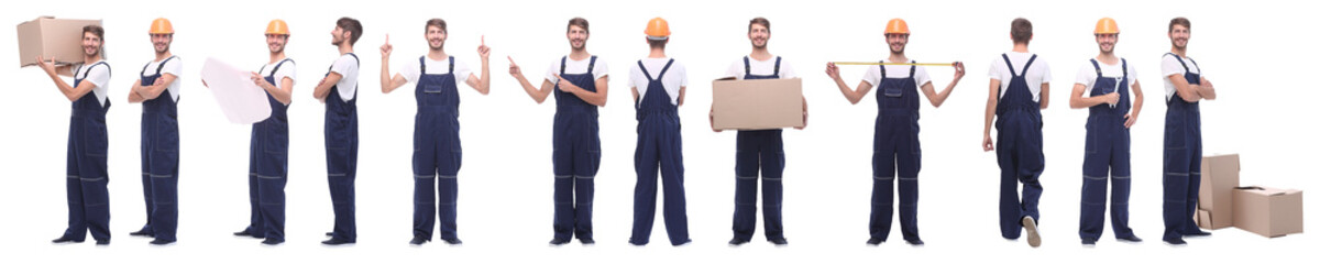 panoramic collage of skilled handyman isolated on white