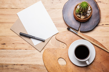 Coffee with Croissant note pad Coloring plate on wooden table