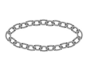 Realistic metal circle frame chain texture. Silver color round chains link isolated on white background. Strong iron chainlet solid three dimensional design element.
