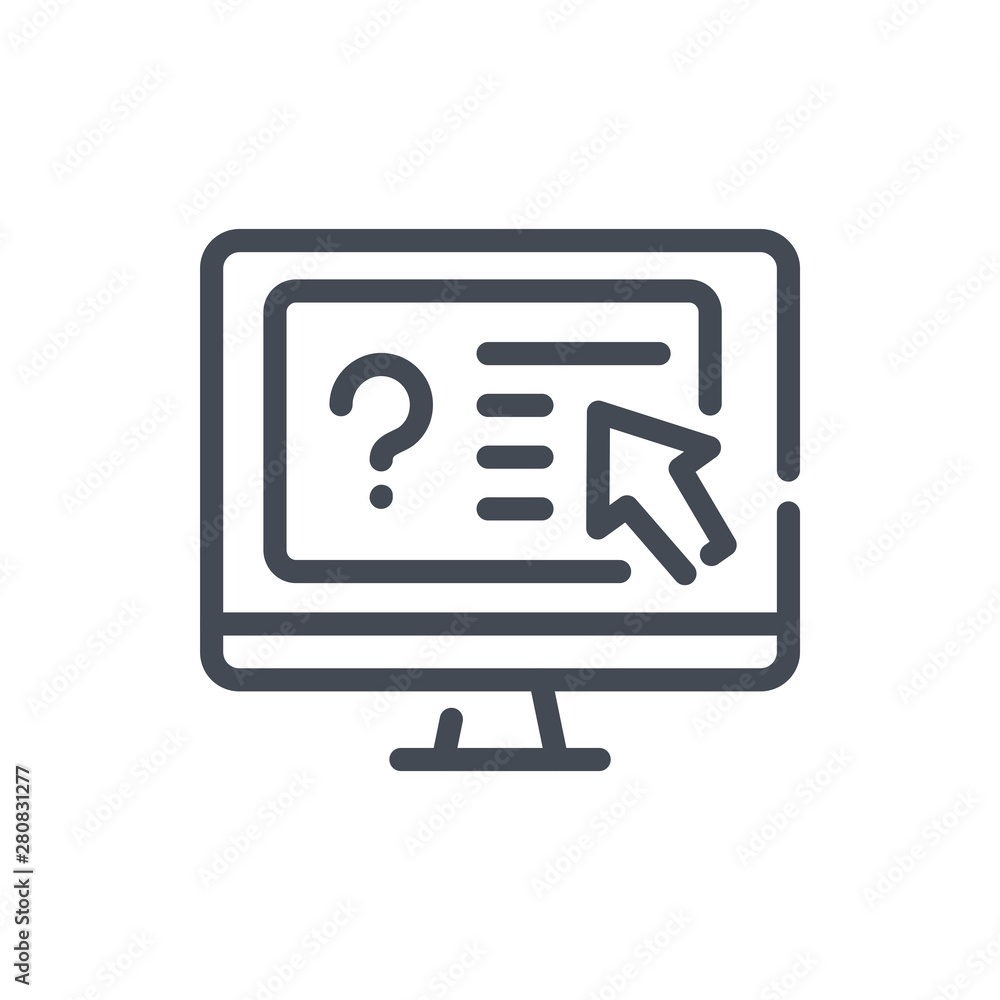 Poster online exam line icon. computer with questionnaire vector outline sign.