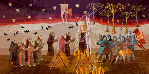 Medieval scene. Inquisition. Burning witches. Middle Ages parchment style. Joan of Arc (Jeanne d'Arc) concept. Monks and soldiers at a fire with the witch. Ancient book vector illustration - obrazy, fototapety, plakaty