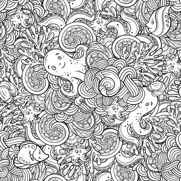 Sea creatures doodles vector seamless pattern with a cute octopus character. Black and white background.