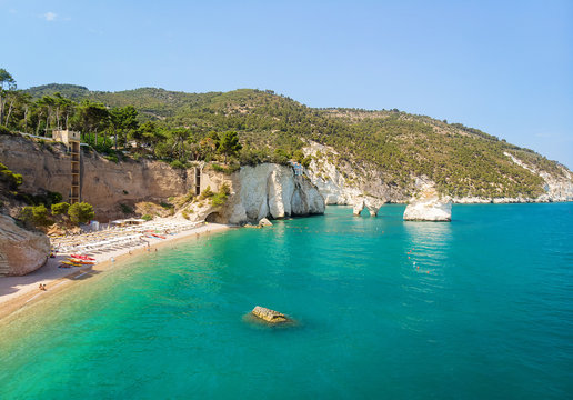 Puglia Italian summer touristic destination - Italy coastline with Baia delle Zagare beach, Gargano and Faraglioni