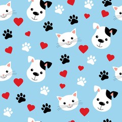 Seamless pattern with cute cats and dogs. Lovely vector illustration and design for fabrics, textile, wallpaper and background for kids. Blue background