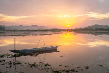 beautiful panorama of sunrise at Benanga Reservoir, Samarinda, East Kalimantan, Indonesia