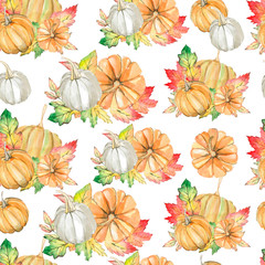 Watercolor seamless pattern autumn elements: leaves, branches, pumpkins. Illustration for the textile pattern and wallpaper.