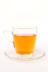 Glass cup of breakfast tea isolated on white background.