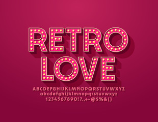 Vector trendy sign Retro Love with pink lamp Font. Vintage light bulb Alphabet Letters, Numbers and Symbols