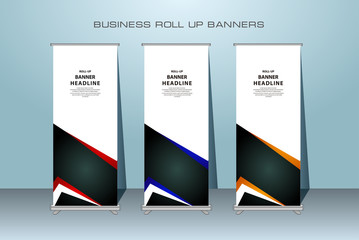 Creative roll up banner stand template design. Vertical banner template.  Universal standing banner for conference, promotion banner vector background.  Modern publication x-banner and flag-banner.