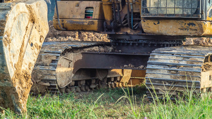 Fototapeta na wymiar Huge excavator park on construction work site