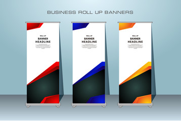 Creative roll up banner stand template design. Vertical banner template.  Universal standing banner for conference, promotion banner vector background.  Modern publication x-banner and flag-banner.