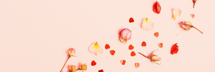 Festive flower composition on the white wooden background. Overhead view