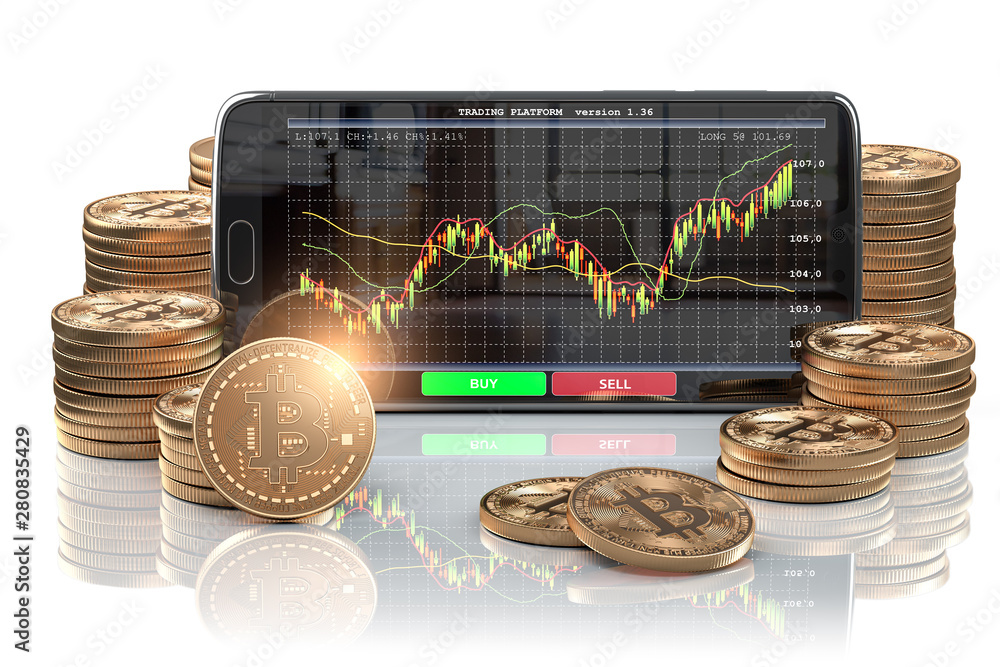 Aufkleber smartphone with bitcoin coins. bitcoin cryptocurrency exchange mobile trading platform.