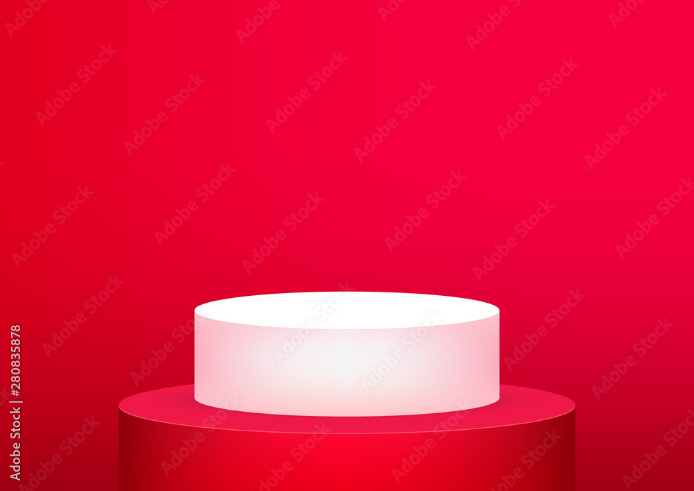 Poster empty podium studio red background for product display with copy space. showroom shoot render. banne