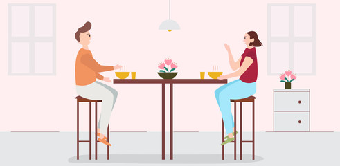 Family Couple Sitting at Kitchen Table, eat soup and Talking to Each Other, Man and Woman Eating Together Vector Illustration