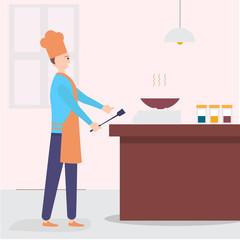 Chef cooking on the kitchen. Vector character in cartoon style. Illustration of chef cook on kitchen cooking