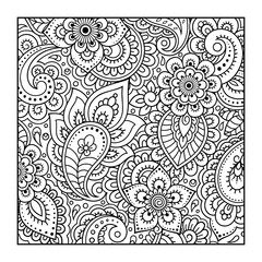 Outline square flower pattern in mehndi style for coloring book page. Antistress for adults and children. Doodle ornament in black and white. Hand draw vector illustration.