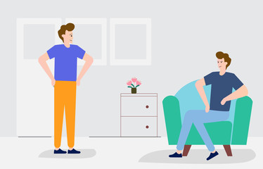 Man Sitting on Sofa and speak with brother in Living Room at Home.