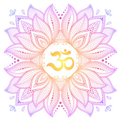 Color Circular pattern in form of mandala with ancient Hindu mantra OM and lotus flower for Henna, Mehndi, decoration. Decorative ornament in oriental style. Rainbow design on white background.