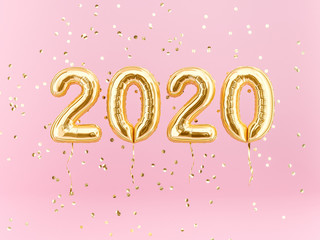 New year 2020 celebration. Gold foil balloons numeral 2020 and confetti on pink background. 3D rendering - obrazy, fototapety, plakaty