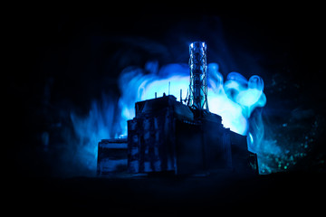 Creative artwork decoration. Chernobyl nuclear power plant at night. Layout of abandoned Chernobyl...
