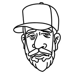 Face of a tree-fell with truckercap and beard in zwarz and white. Character, scribble, outline, comic, ink, sketch, doodle, vector, illustration, line, cartoon, black, white, drawing, stroke, monochro
