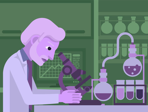 A mature scientist working in a scientific laboratory with microscope and other science lab equipment