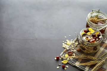 Healthy breakfast. Muesli from cereals with milk berries.