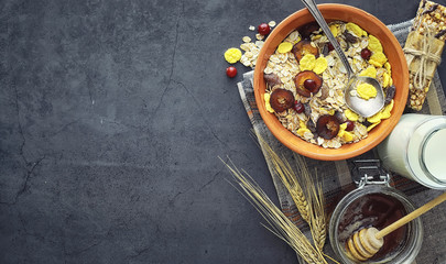 Healthy breakfast. Muesli from cereals with milk berries.