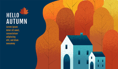 Hello Autumn, Banner Design Template, Thanksgiving, vector illustration, Drawing, Cartoon, Landscape Painting Style.