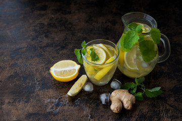 Home refreshing detox water with lemon, mint, ginger and ice.