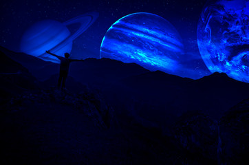 Fantasy surreal concept. Scenic night landscape of country road at night with giant planet at night sky.