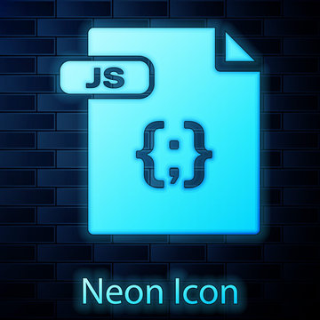 Glowing neon JS file document. Download js button icon isolated on brick wall background. JS file symbol. Vector Illustration