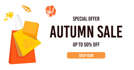 Special offer. Autumn sale banner. Up to 50% off. Yellow autumn leaves.  Seasonal decorative elements
